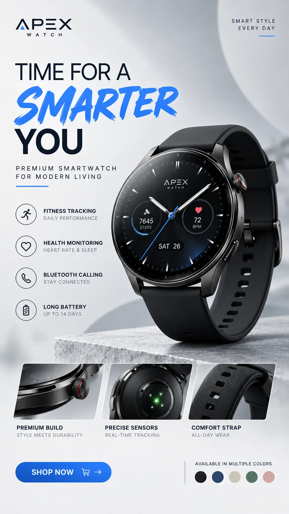 Smartwatch product ad with feature icons and detail shots