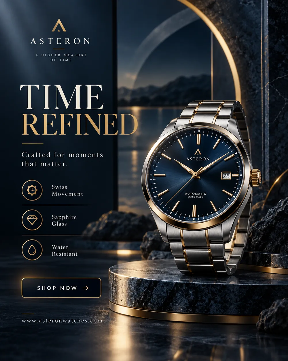 Luxury automatic watch ad on a dark marble stand