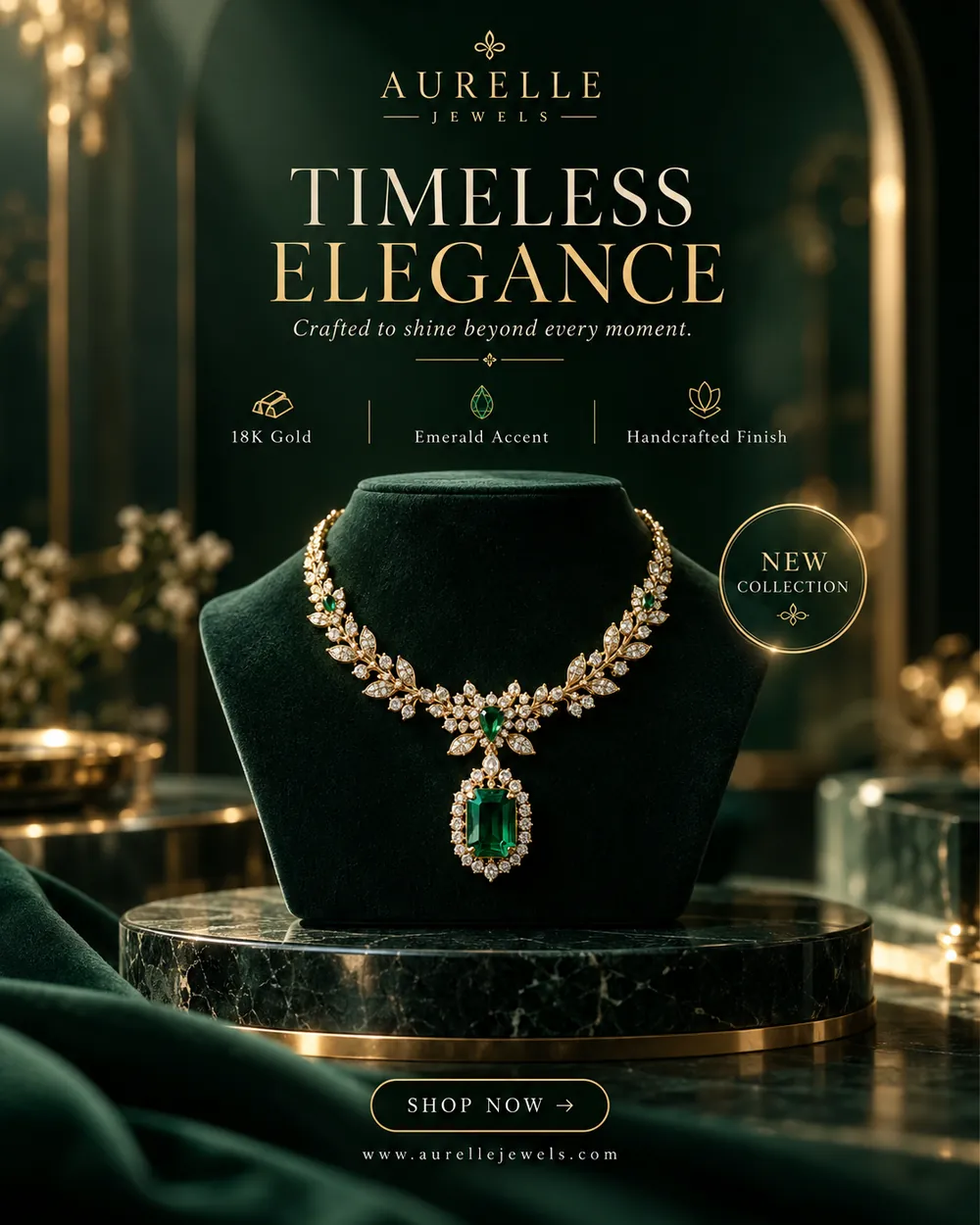 Emerald and gold necklace on a velvet bust