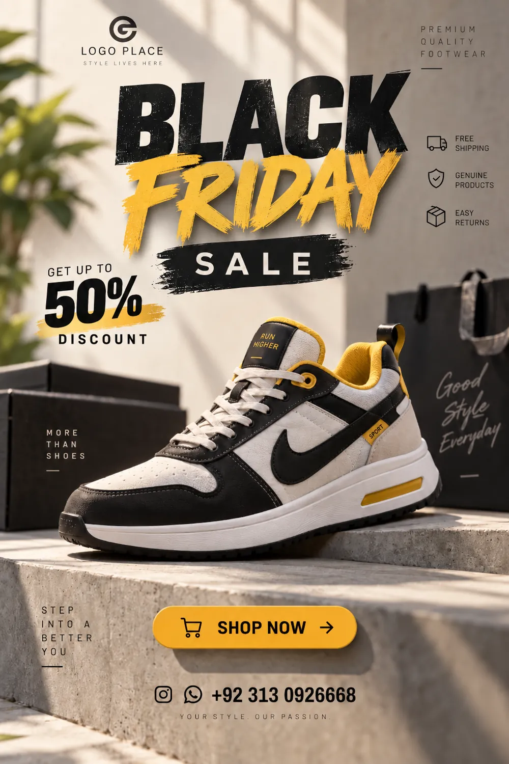 Black Friday sale poster for a sneaker with fifty percent discount