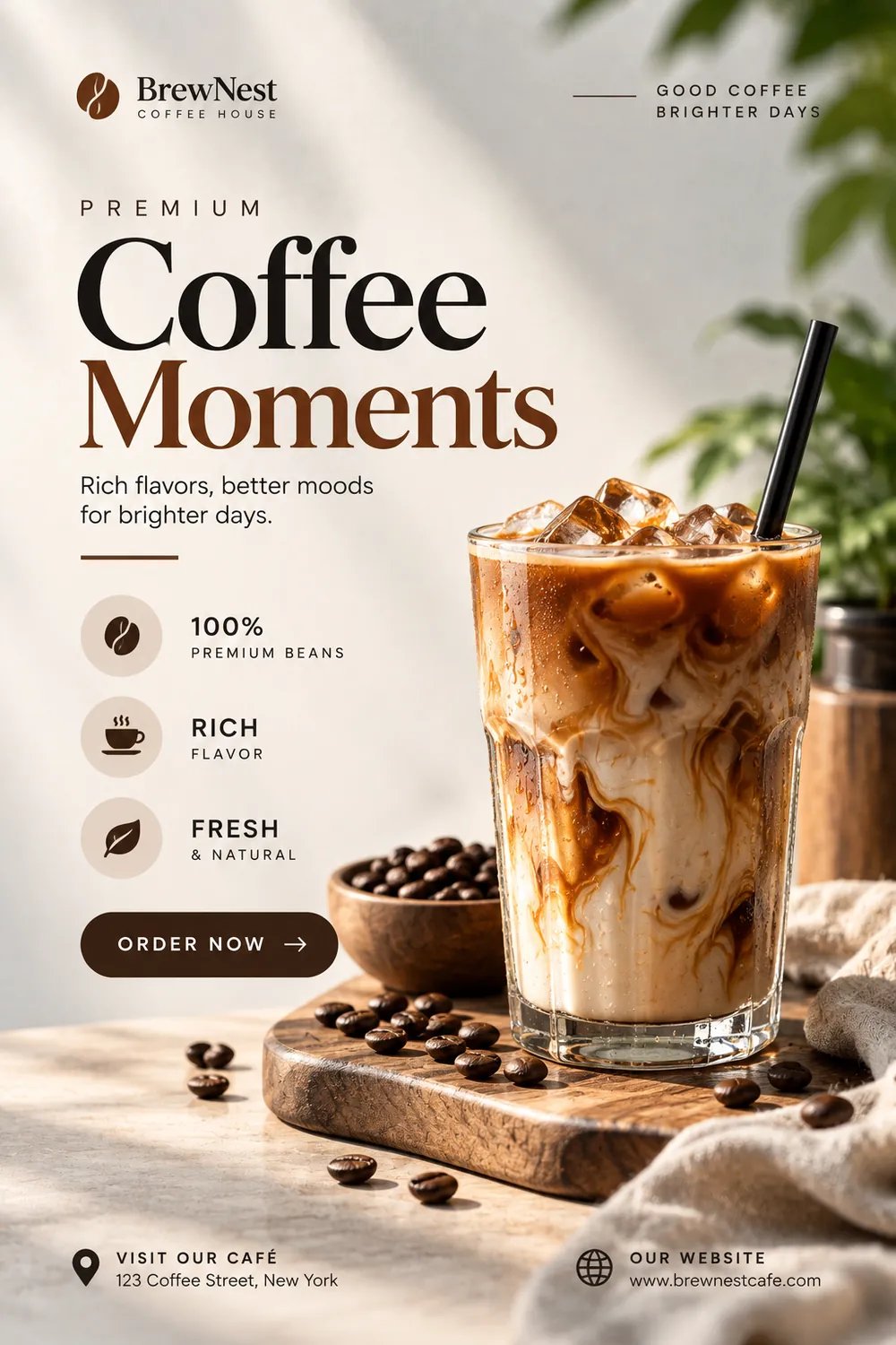 Iced coffee poster with coffee beans