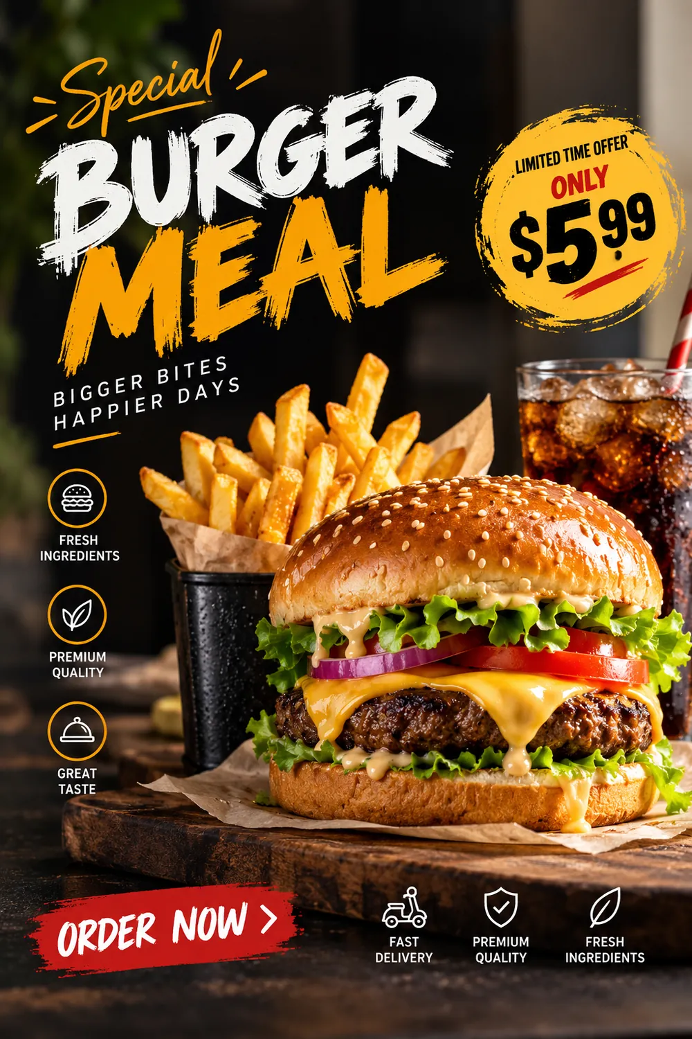 Burger meal poster with fries and a drink