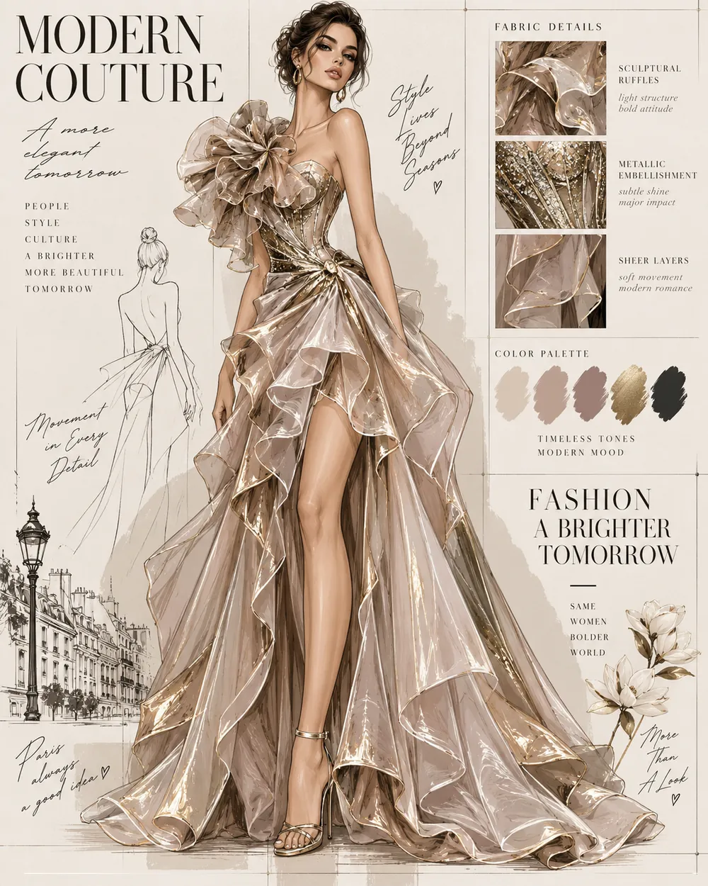 Fashion illustration board with fabric details and colour palette