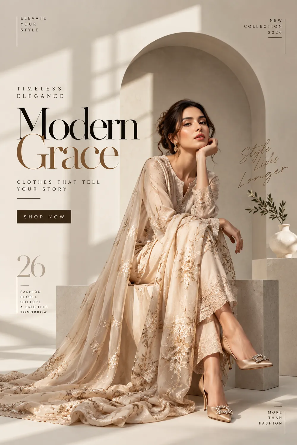 Fashion poster of a model in an embroidered outfit
