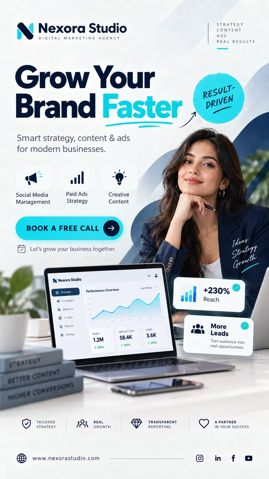 Digital marketing agency poster with dashboard and growth stats