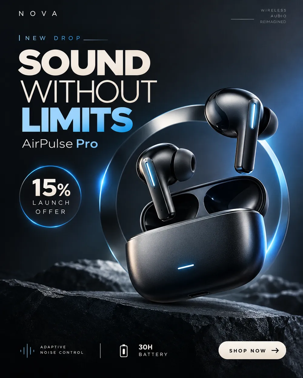 Wireless earbuds launch poster with fifteen percent offer