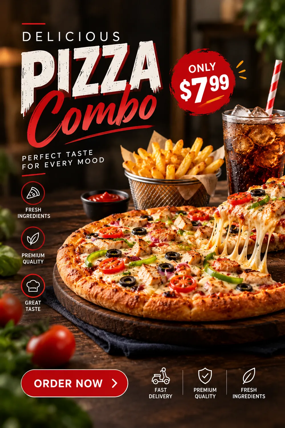 Pizza combo poster with fries and cola