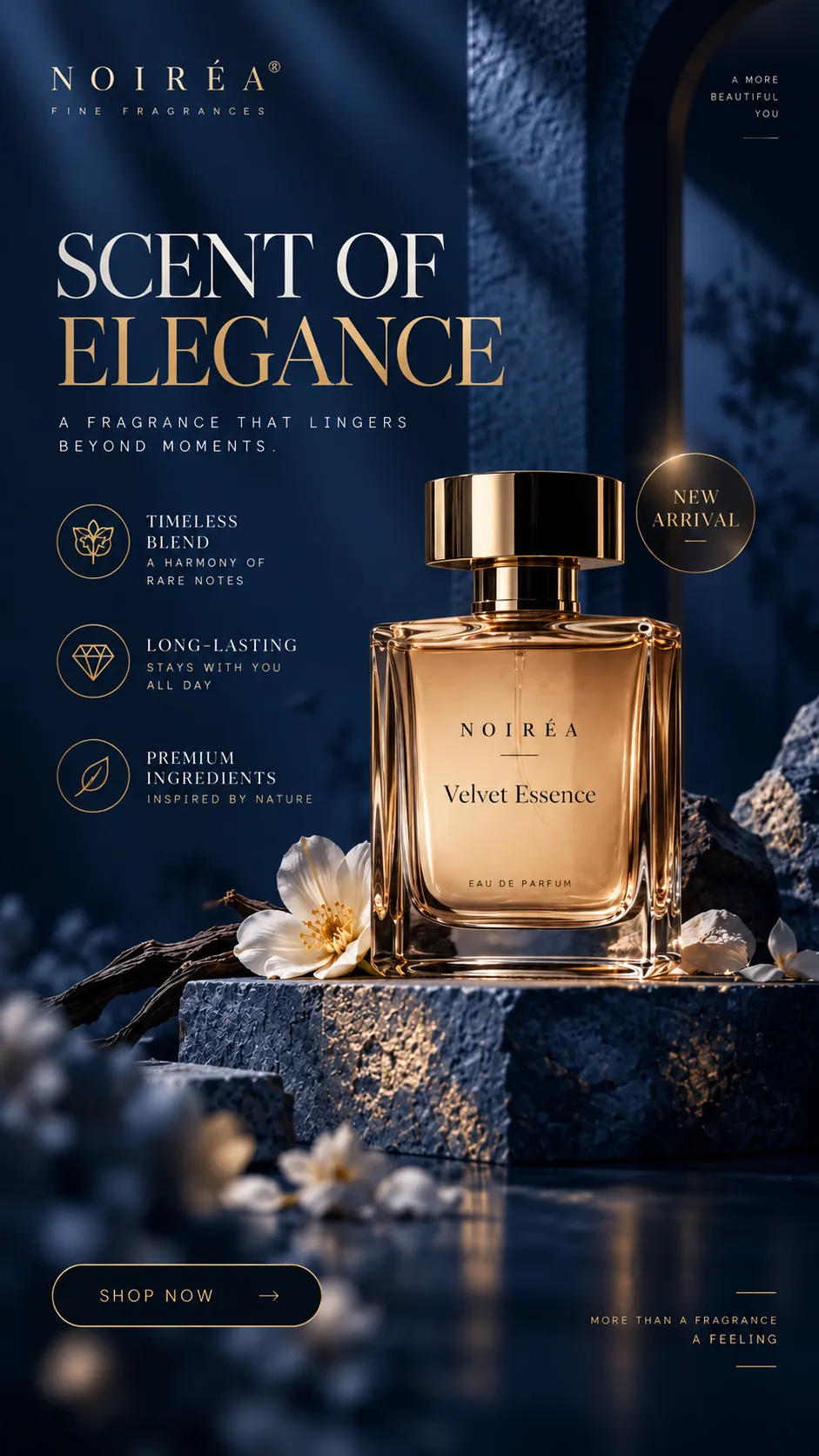 Perfume bottle poster in deep blue and gold