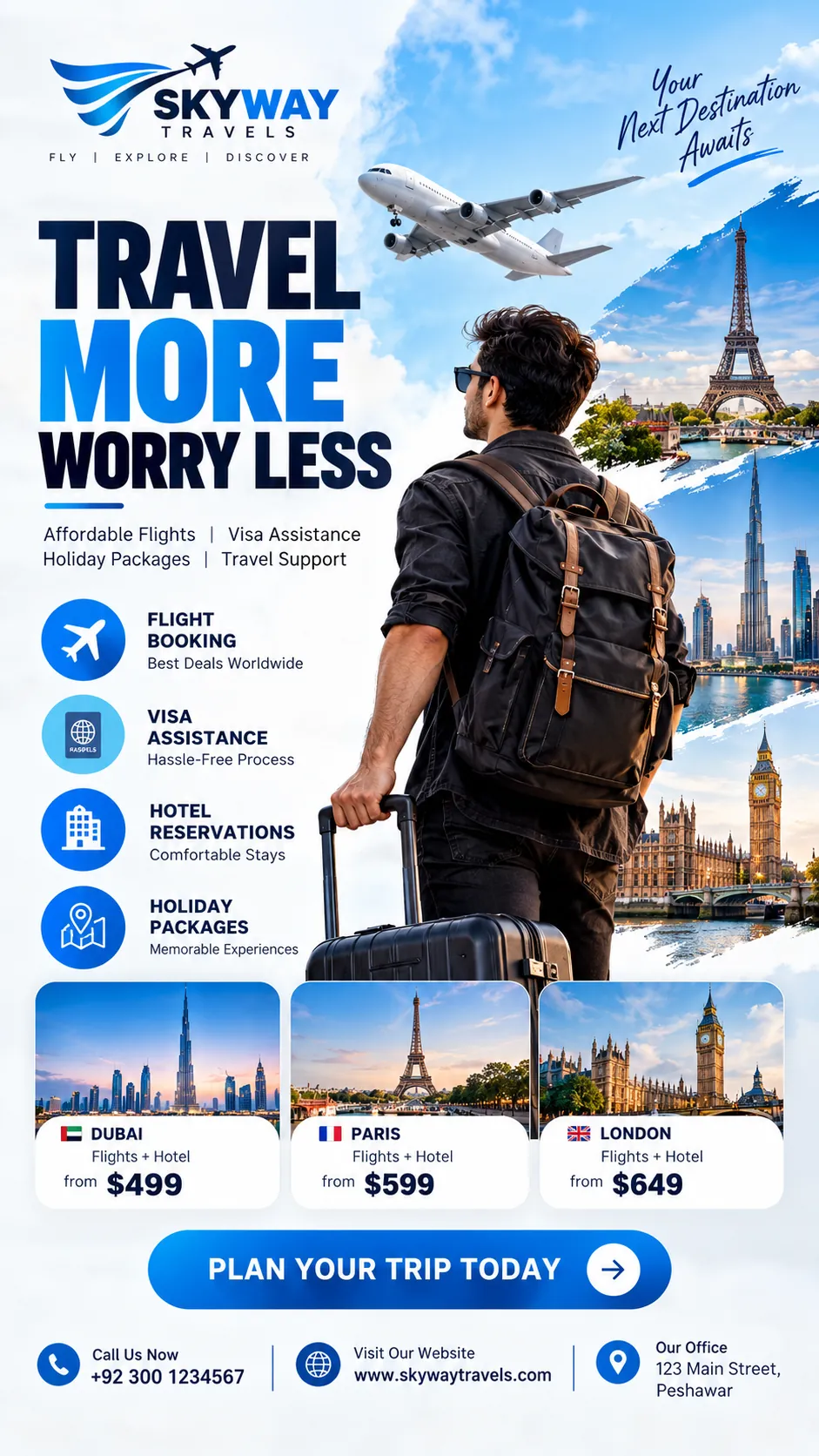 Travel agency poster with flights and destinations