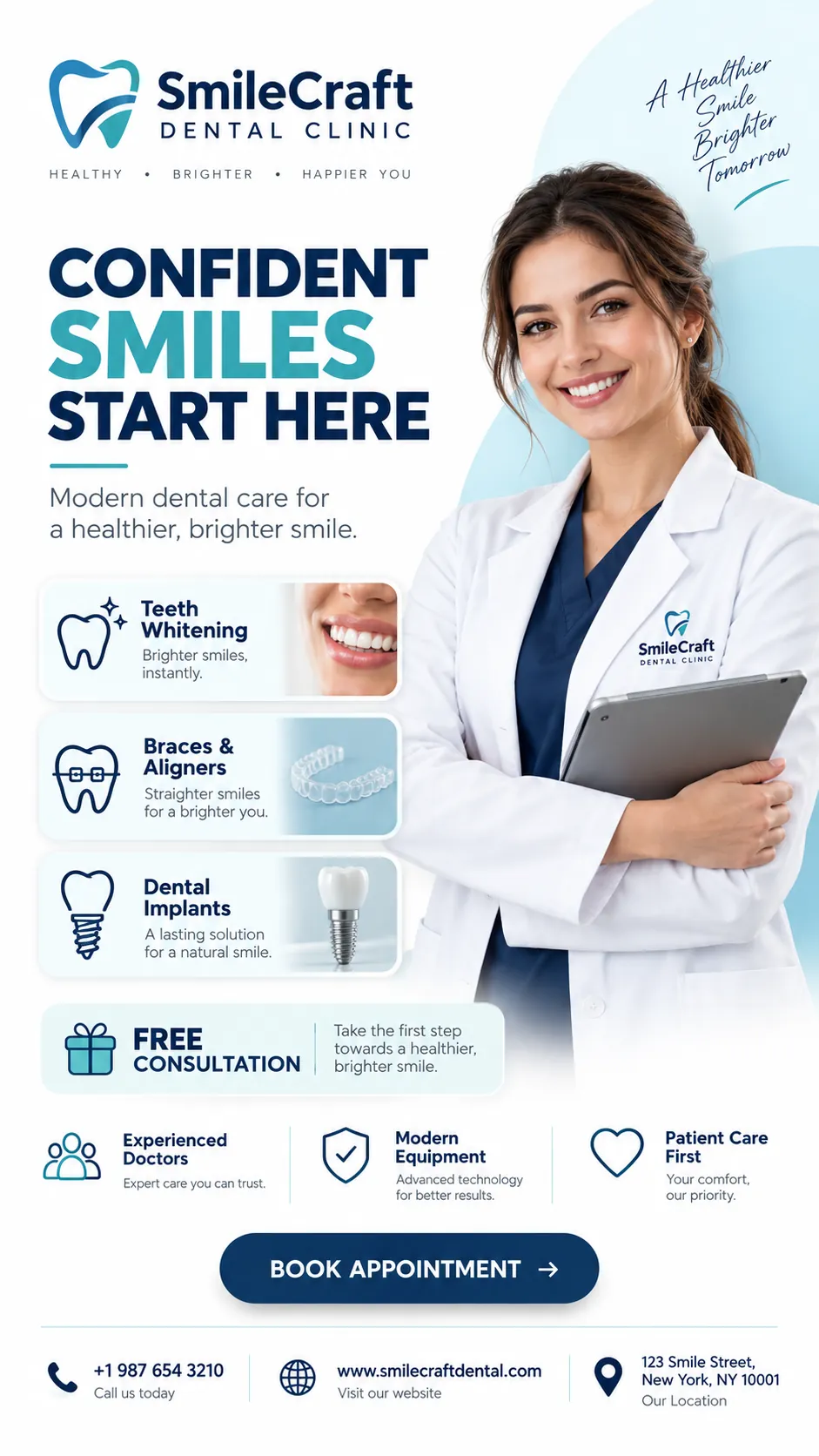 Dental clinic service poster with a smiling doctor
