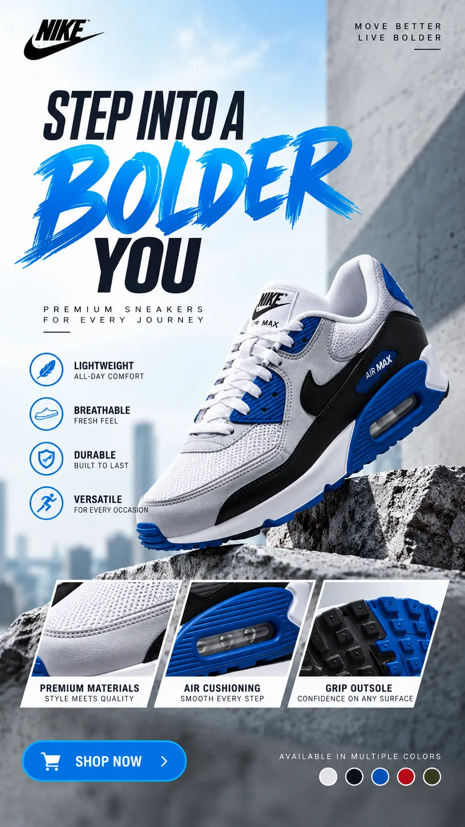 Sneaker poster with feature icons and shop now button