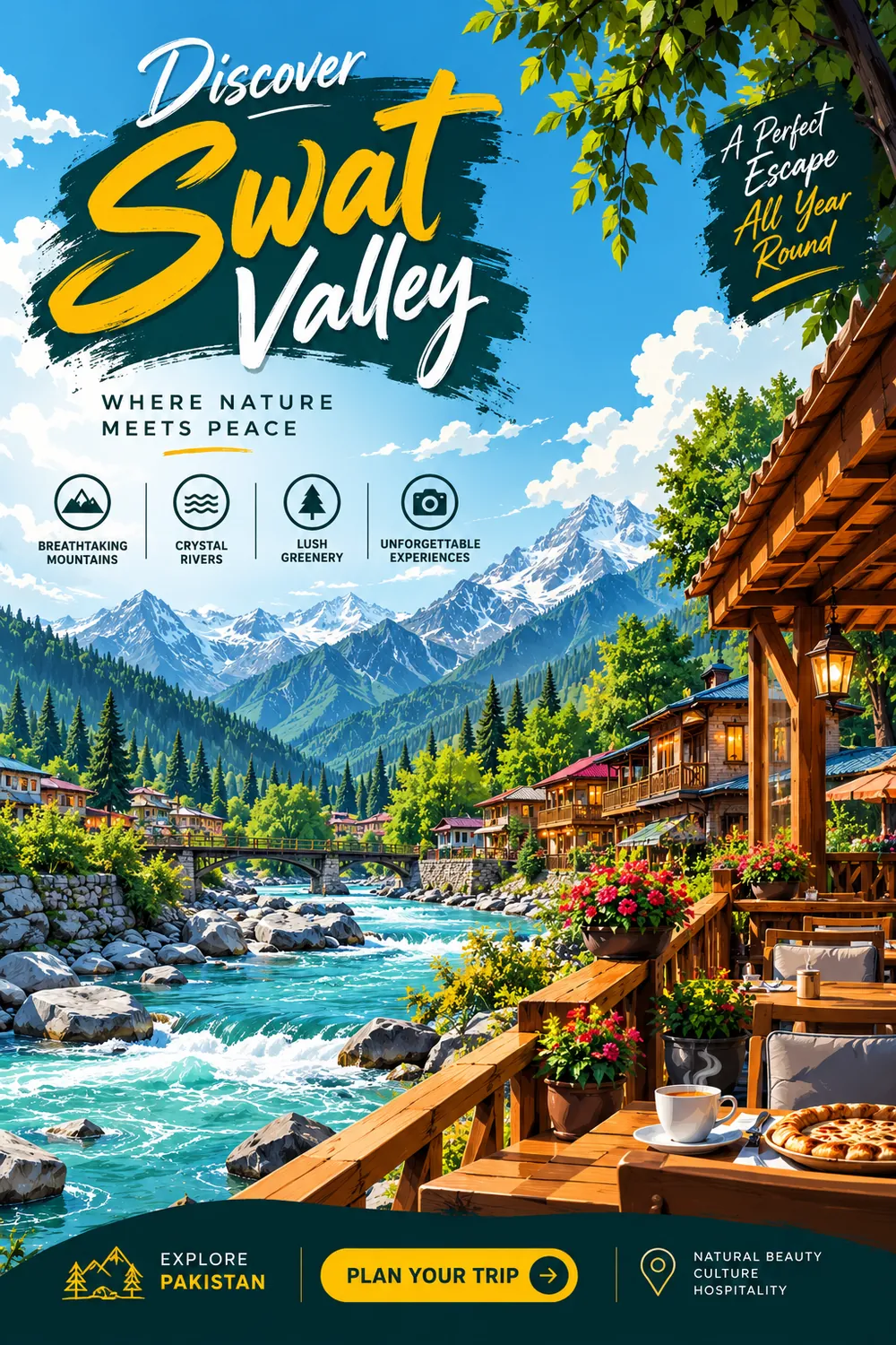 Tourism poster of Swat Valley river and mountains