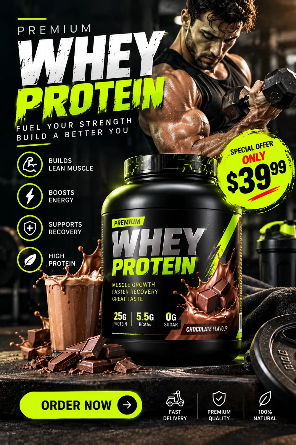 Whey protein tub ad with chocolate splash