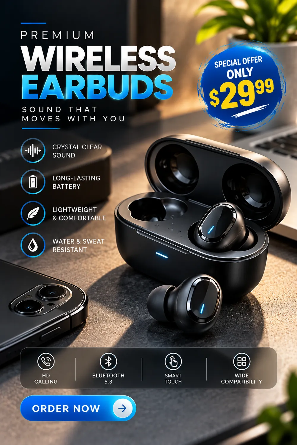 Wireless earbuds offer poster with feature icons